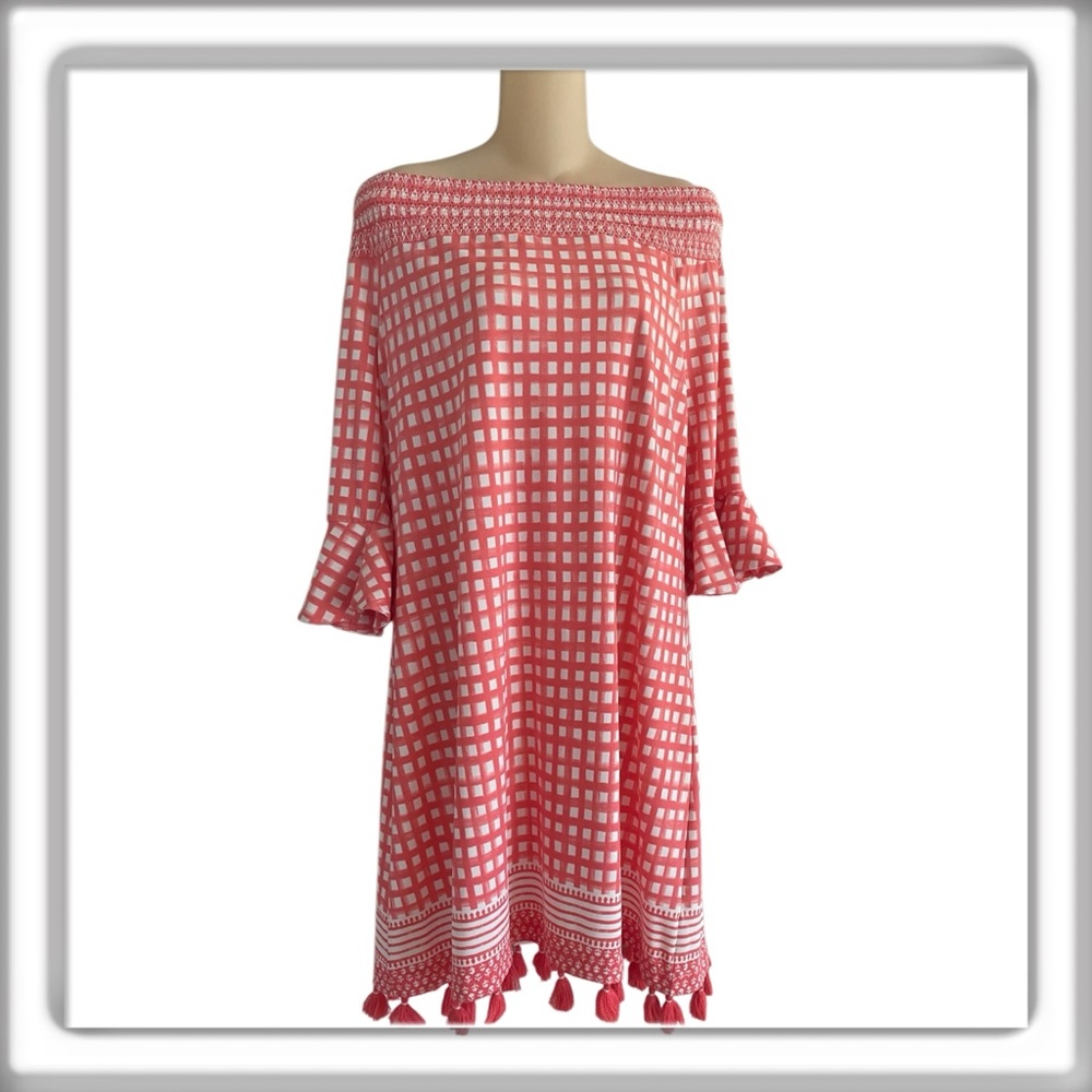 Cabana Life Nantucket Smocked Off Shoulder Coral Mini Dress Tassels Size XL